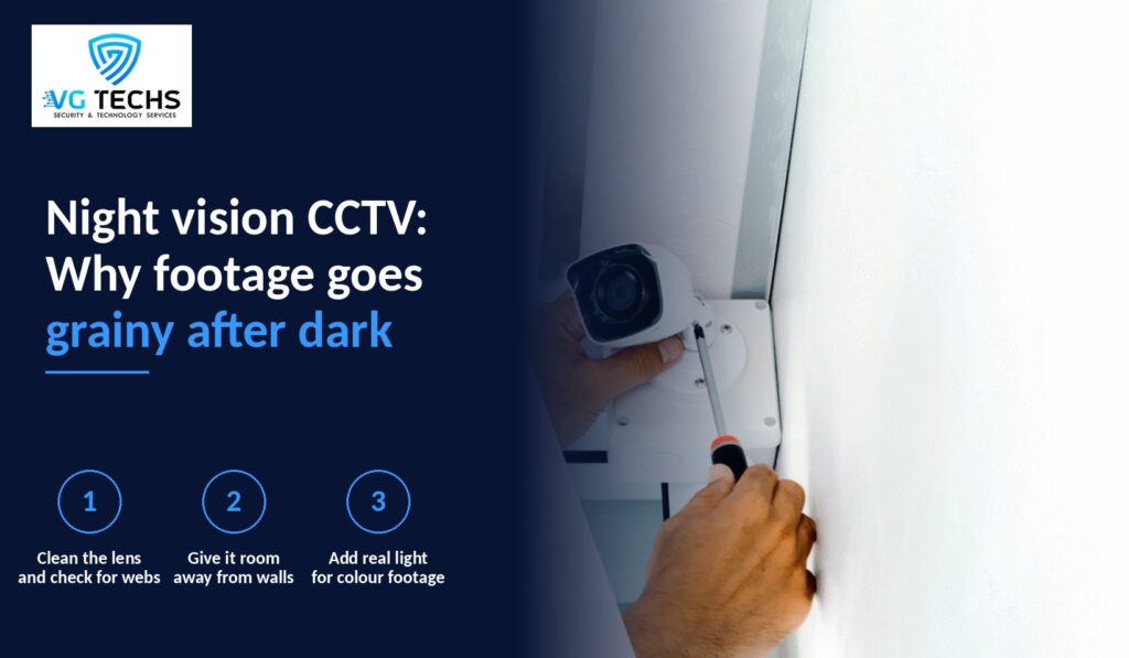 Technician fitting a white security camera, with the title Night vision CCTV: why footage goes grainy after dark